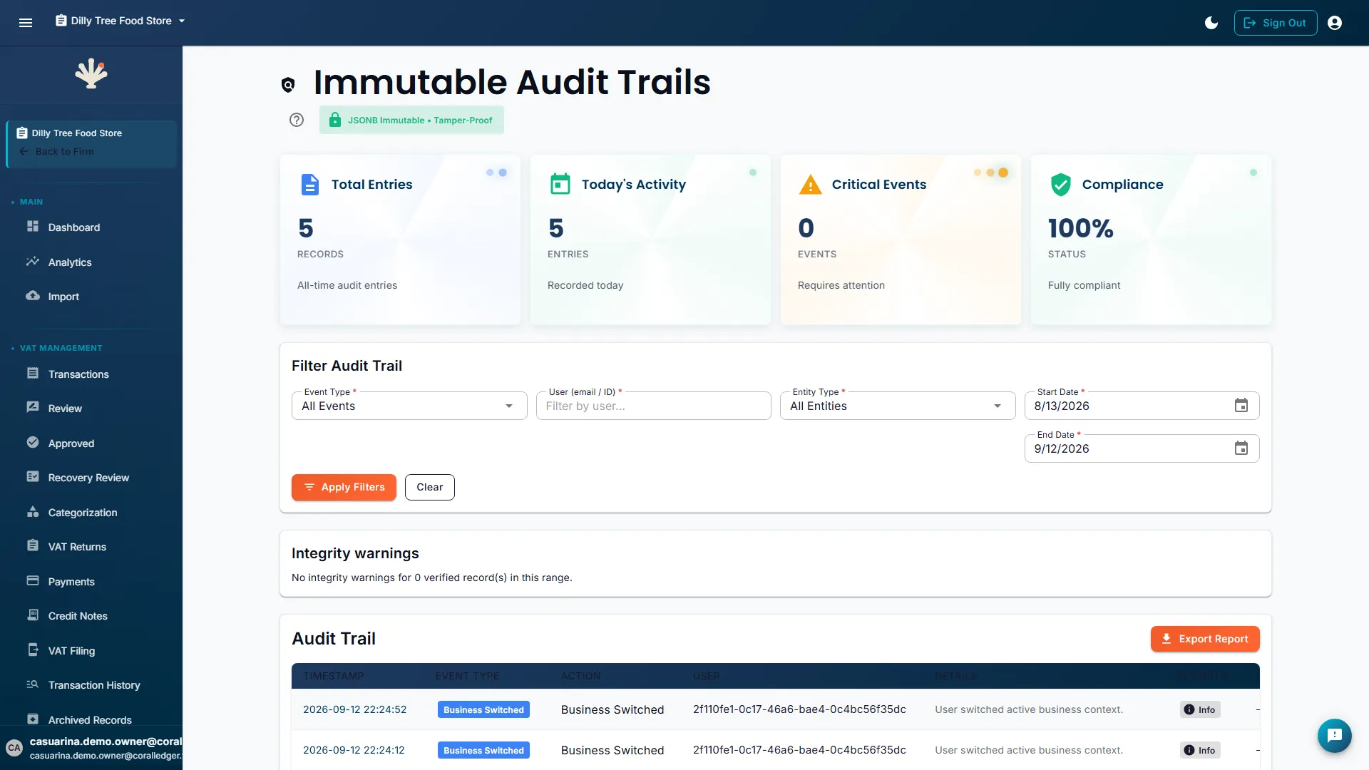 Immutable Audit Trails screen showing KPI cards for total audit entries, hash-verified records, and chain integrity status, alongside a paginated audit log table with timestamp, user, action type, and cryptographic hash for each entry
