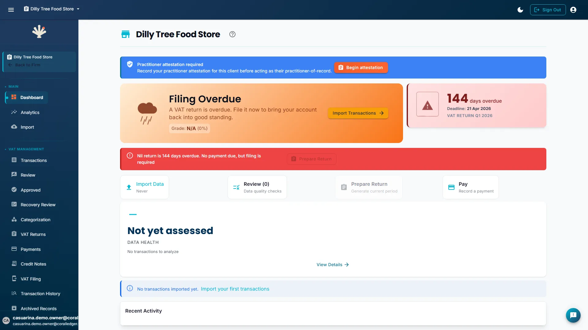 Single-business dashboard showing VAT compliance overview with urgency card counting days to next deadline, VAT flow diagram of output minus input tax, Bad Debt Relief callout, and key compliance KPIs