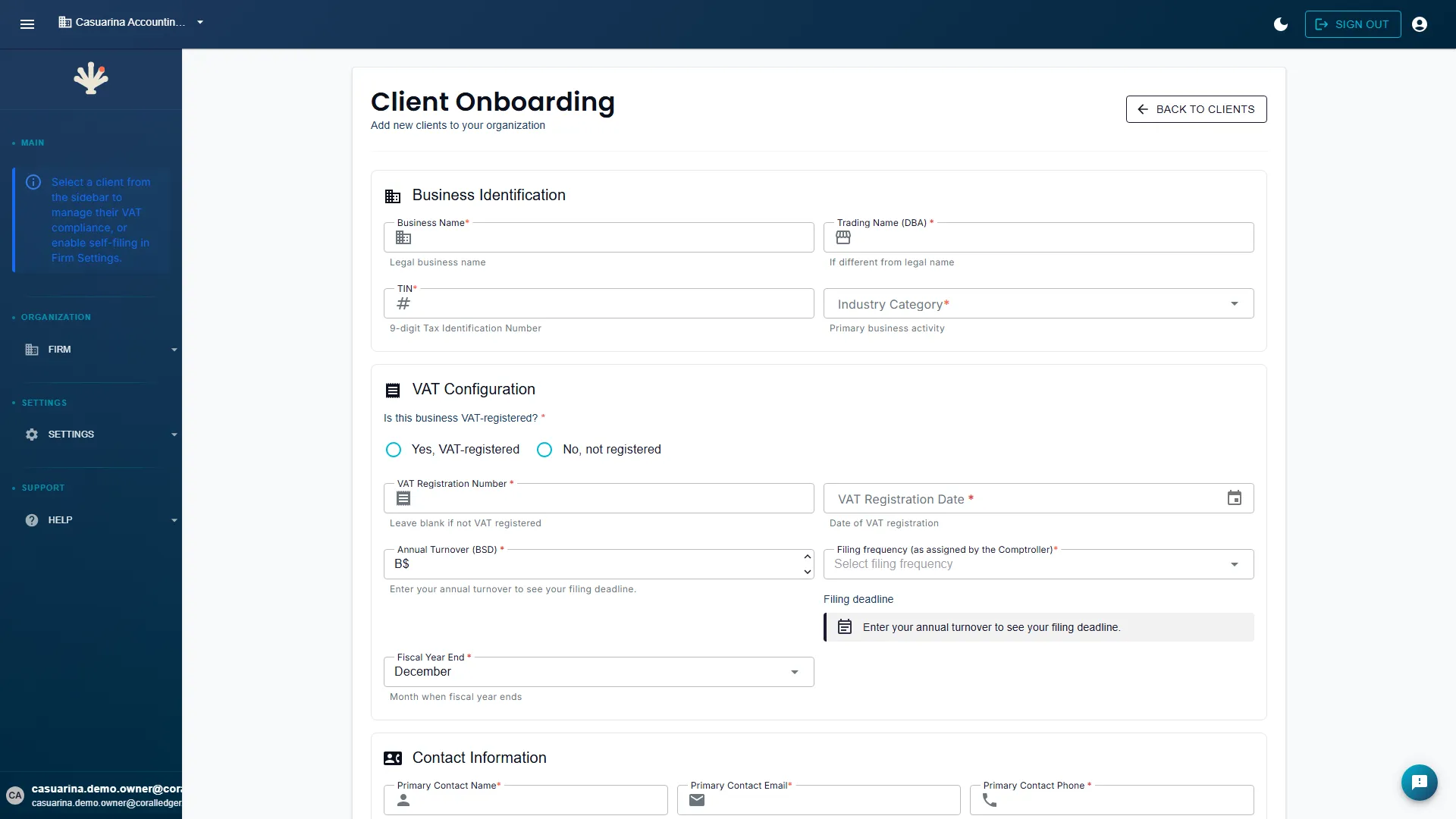 Client onboarding form showing fields for business name, TIN, VAT registration number, and filing frequency - step one of adding a new client to the Firm Portal