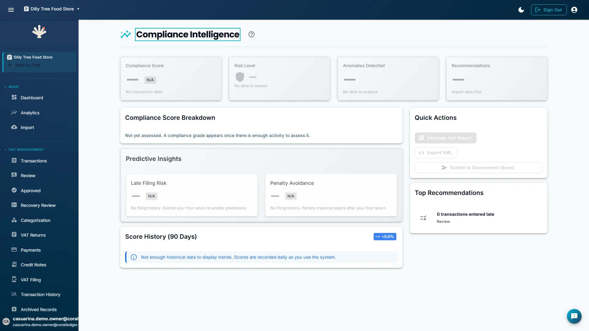 Compliance status dashboard showing sample data-quality signals, score breakdown bars, and a trend chart (sample data)