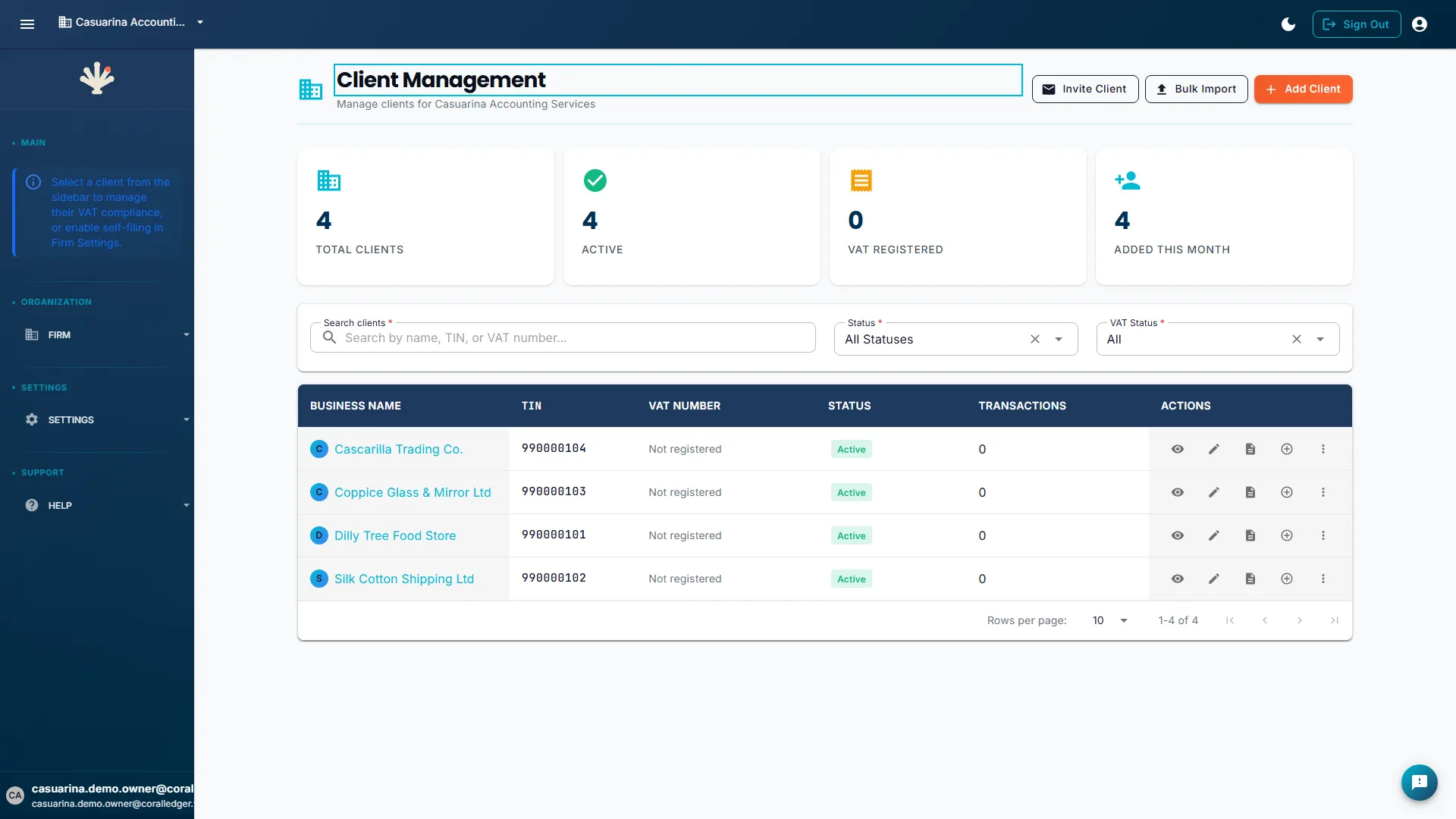 Firm Portal showing client businesses with compliance status, filing deadlines, and return preparation items highlighted (sample data)