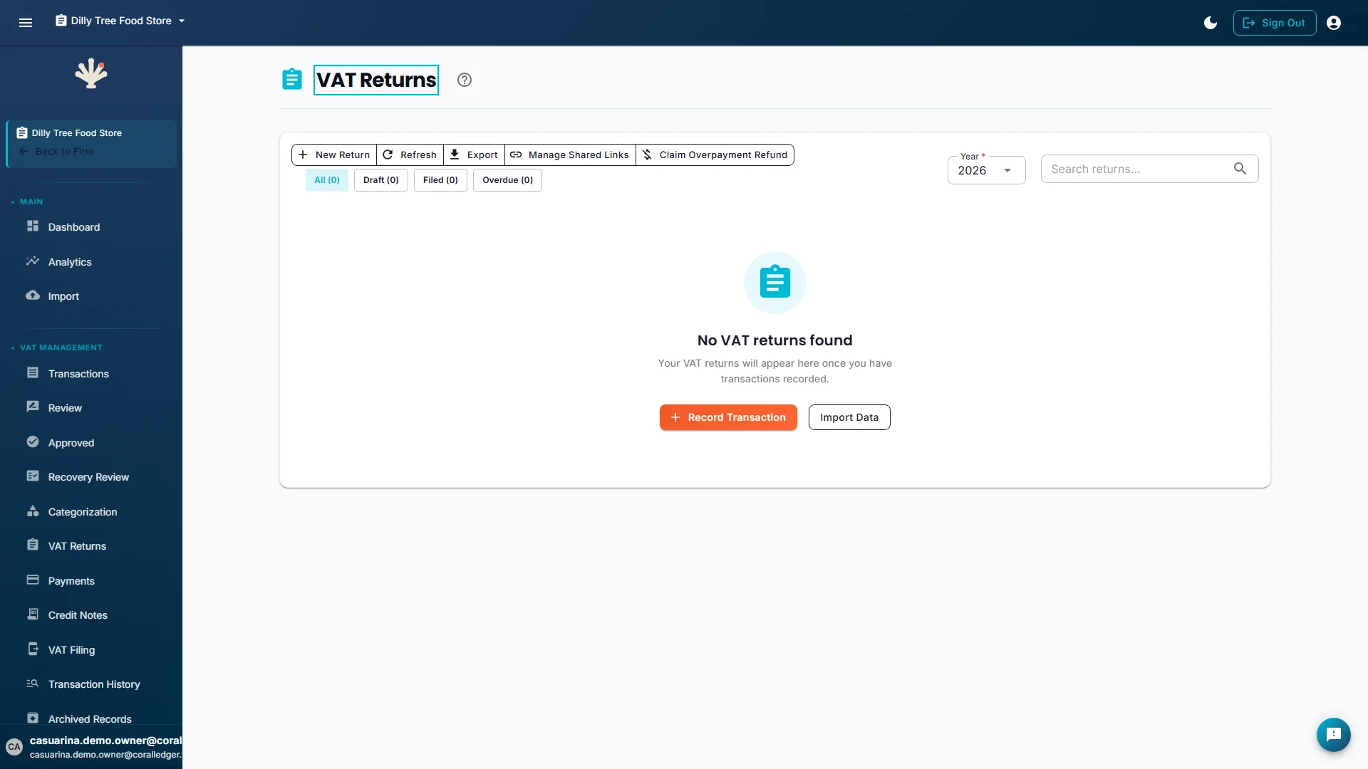 VAT Returns dashboard showing quarterly output-vs-input VAT bar chart, VAT breakdown donut chart, and a returns table listing multiple filing periods with status, net VAT amounts, and action buttons